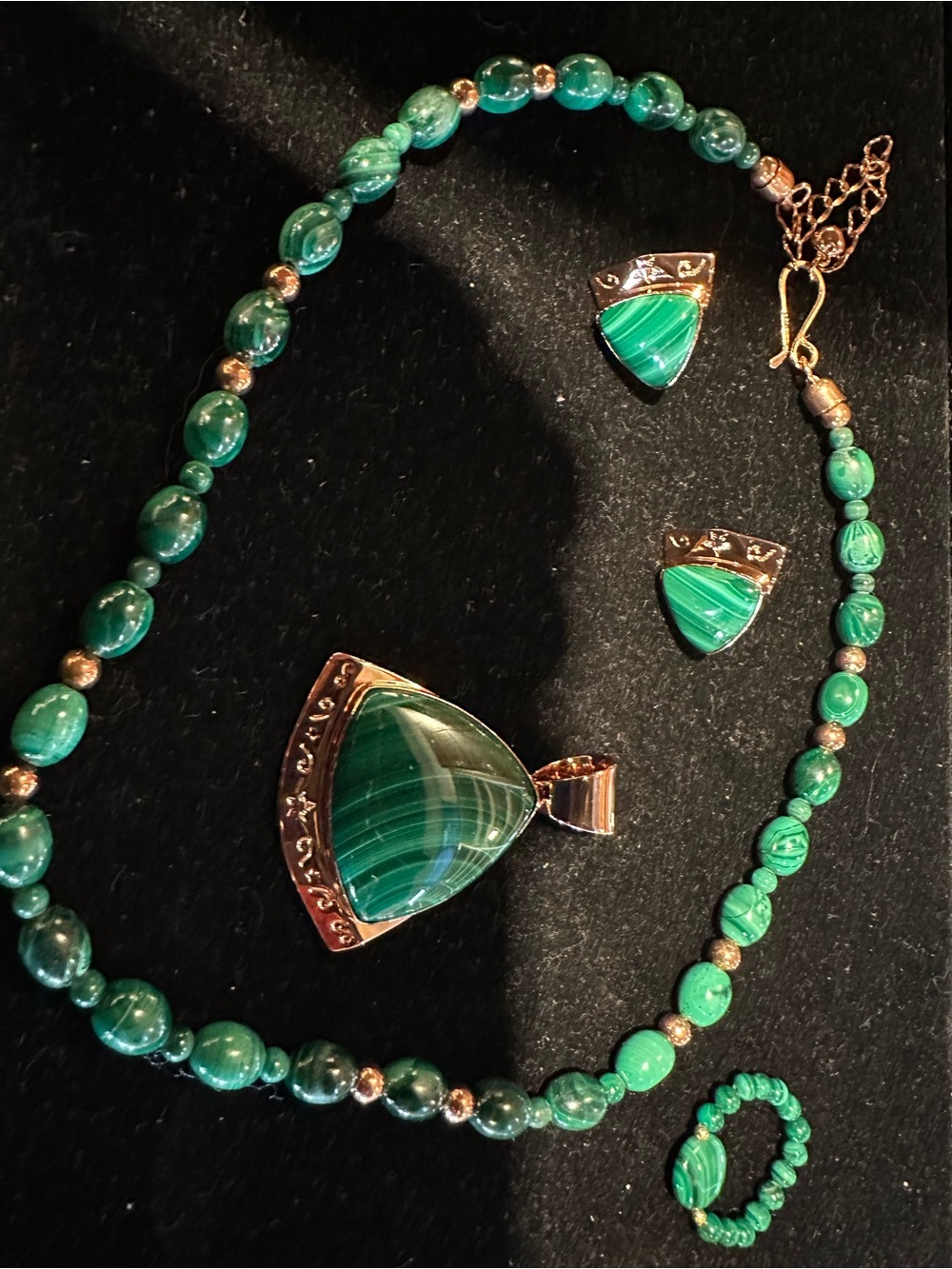Green Malachite Pendant Necklace and Earring and Ring Set Women Jewelry